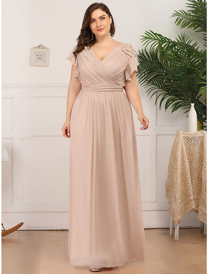 A-Line Mother of the Bride Dress Plus Size V Neck Floor Length Chiffon Short Sleeve with Ruffles Ruching