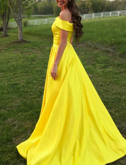 A-Line Prom Dresses Minimalist Dress Wedding Guest Engagement Floor Length Sleeveless Off Shoulder Satin with Slit