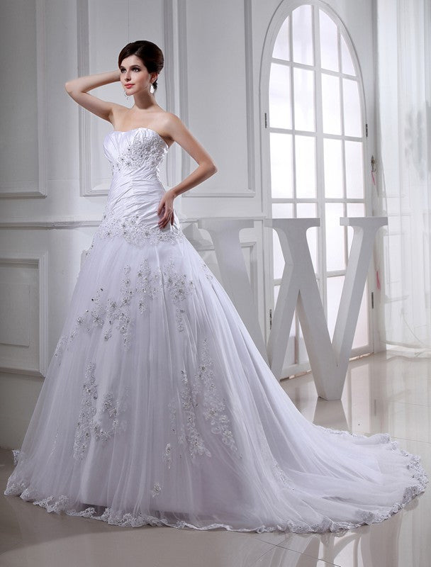 A-Line/Princess Beading Long Sleeveless Strapless Tulle Taffeta Wedding Dresses