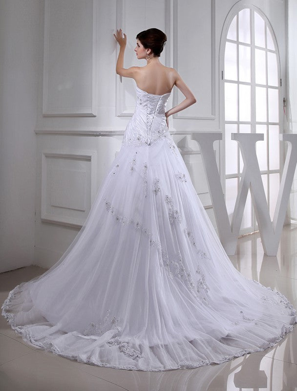 A-Line/Princess Beading Long Sleeveless Strapless Tulle Taffeta Wedding Dresses