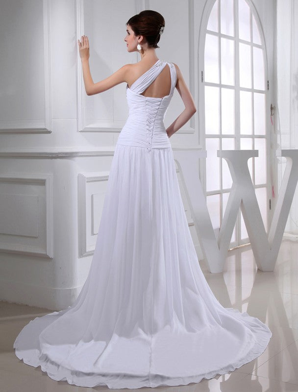 A-Line/Princess Beading One-shoulder Sleeveless Chiffon Applique Wedding Dresses