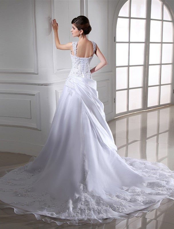 Ball Gown Beading Sleeveless Long Satin Organza Wedding Dresses