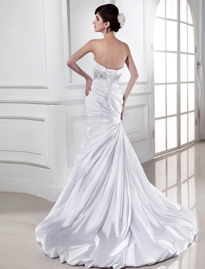 Trumpet/Mermaid Beading Sweetheart Sleeveless Elastic Woven Satin Wedding Dresses