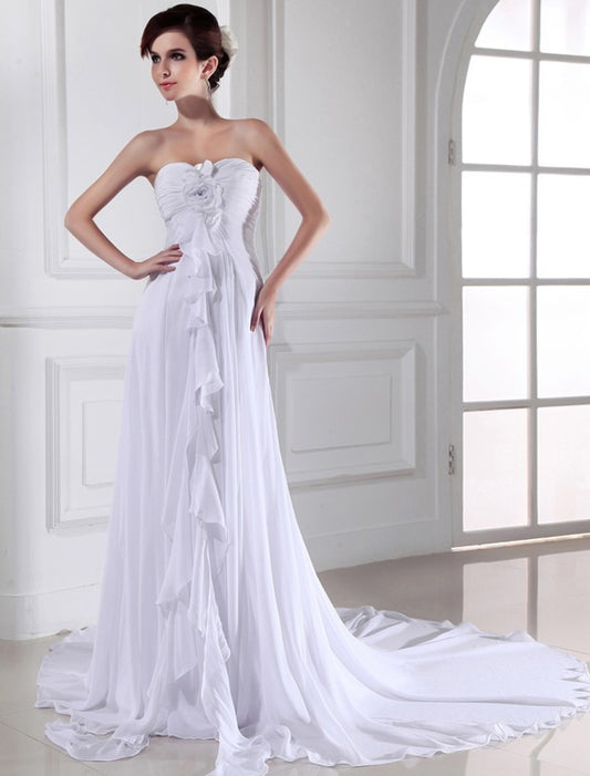 Sheath/Column Hand-made Flower Sweetheart Sleeveless Chiffon Long Wedding Dresses