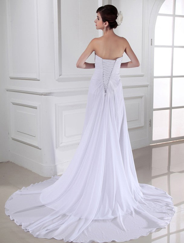 Sheath/Column Hand-made Flower Sweetheart Sleeveless Chiffon Long Wedding Dresses