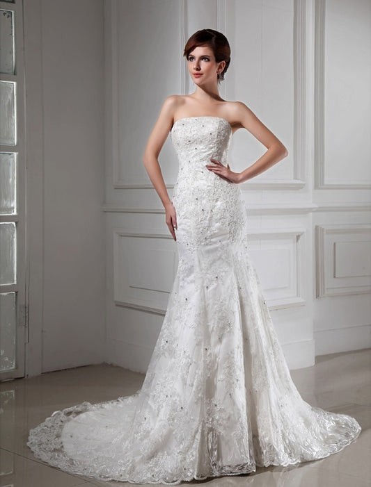 Trumpet/Mermaid Beading Strapless Sleeveless Lace Satin Wedding Dresses