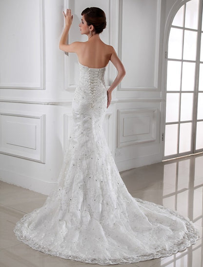 Trumpet/Mermaid Beading Strapless Sleeveless Lace Satin Wedding Dresses