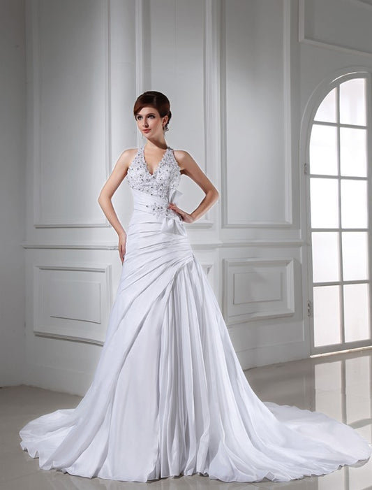 A-Line/Princess Beading Halter Sleeveless Long Taffeta Wedding Dresses