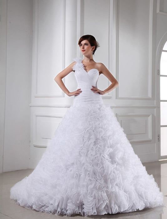 Ball Gown Beading One-shoulder Sweetheart Sleeveless Long Organza Wedding Dresses