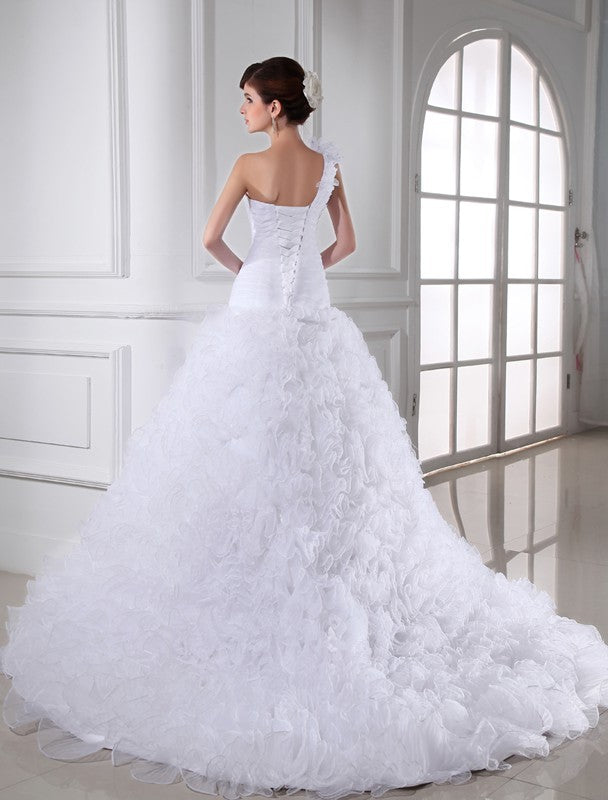 Ball Gown Beading One-shoulder Sweetheart Sleeveless Long Organza Wedding Dresses