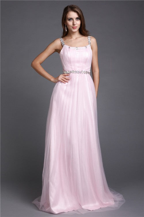 A-Line/Princess Spaghetti Straps Rhinestone Sleeveless Long Net Dresses