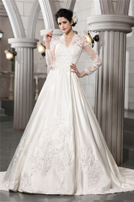 A-Line/Princess Long Sleeves Beading Applique Long Satin Wedding Dresses