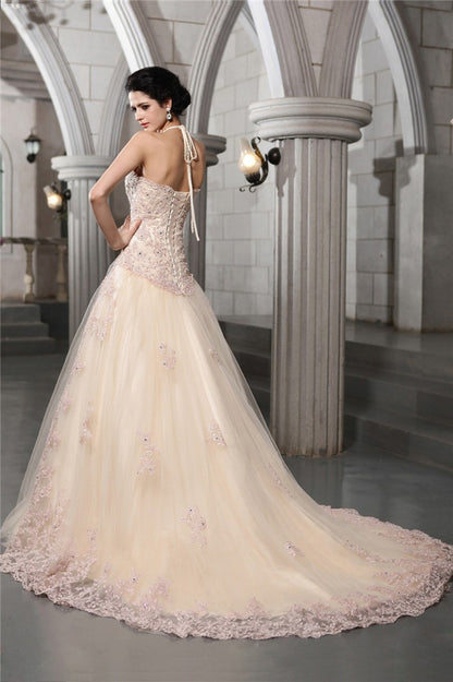 A-Line/Princess High Neck Sleeveless Beading Applique Long Net Wedding Dresses