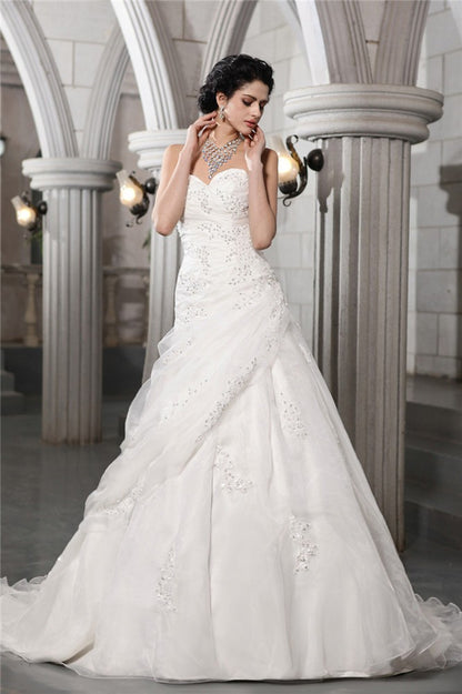 A-Line/Princess Sweetheart Sleeveless Beading Applique Long Organza Wedding Dresses