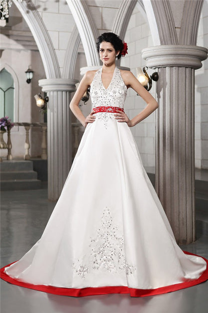 A-Line/Princess V-neck Sleeveless Beading Embroidery Long Satin Wedding Dresses