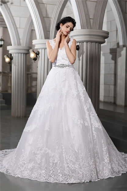 A-Line/Princess V-neck Sleeveless Beading Applique Long Organza Wedding Dresses