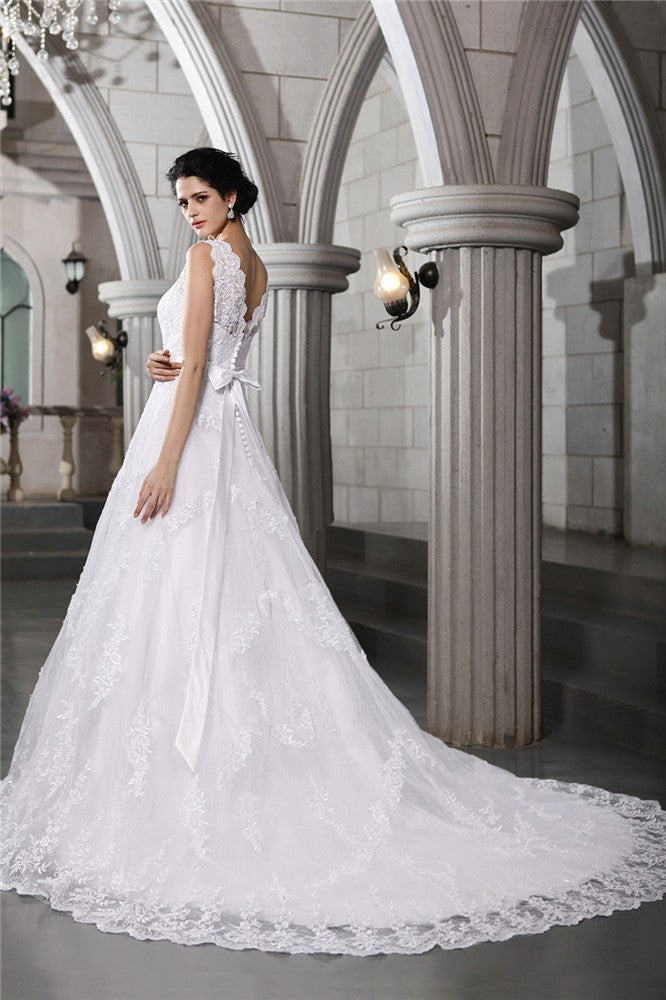 A-Line/Princess V-neck Sleeveless Beading Applique Long Organza Wedding Dresses