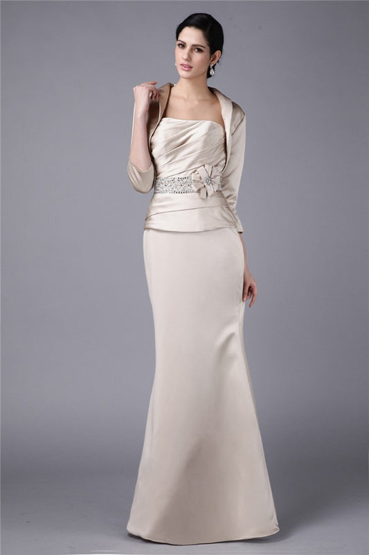 Sheath/Column Strapless Beading Hand-Made Flower  Woven Satin Mother of the Bride Dresses