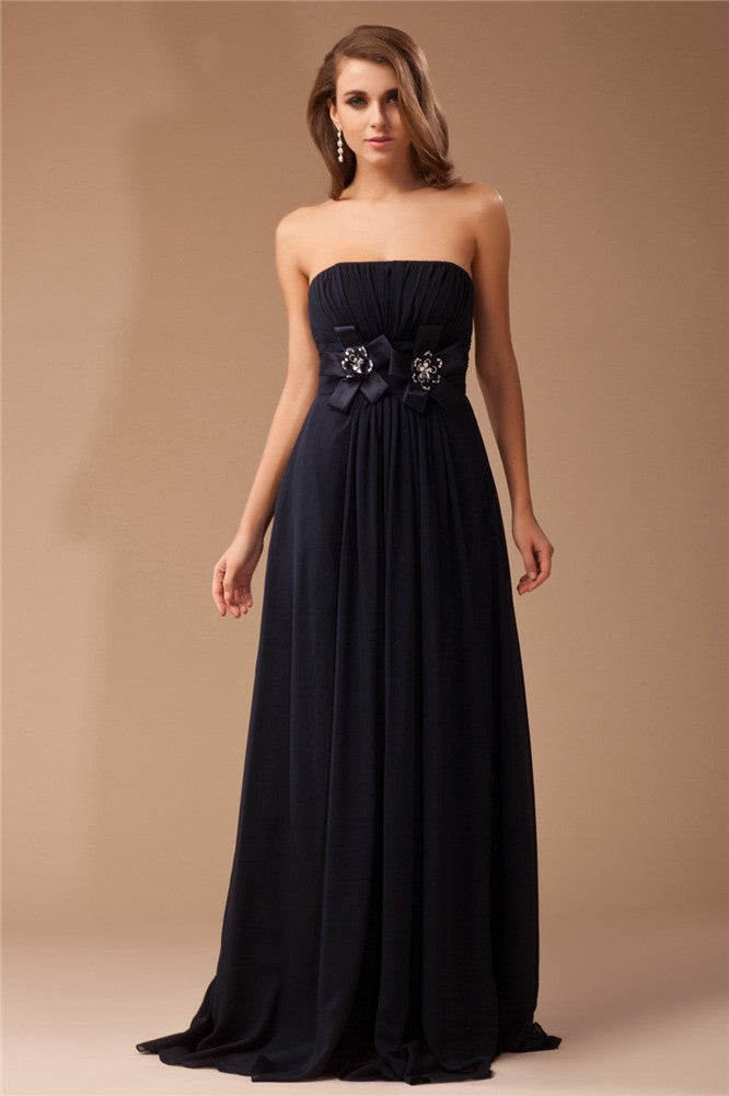 Sheath/Column Strapless Sleeveless Ruffles Long Beading Chiffon Elastic Woven Satin Dresses