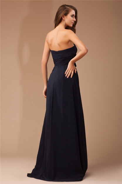 Sheath/Column Strapless Sleeveless Ruffles Long Beading Chiffon Elastic Woven Satin Dresses