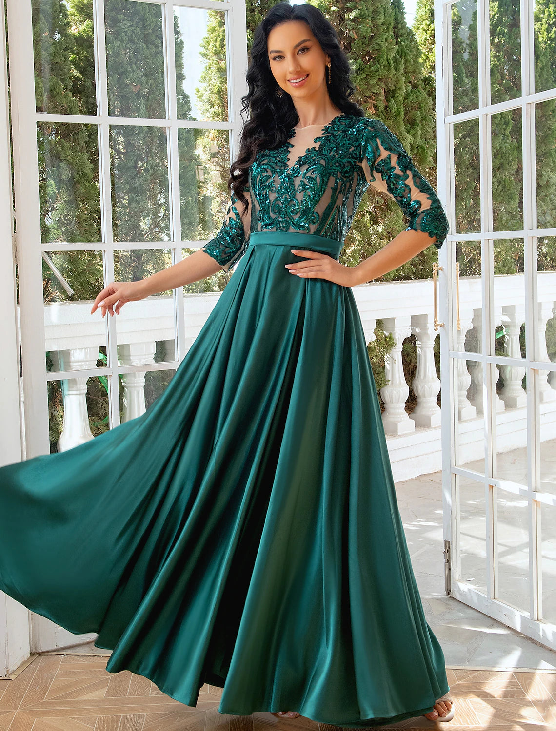 A-Line Evening Gown Elegant Dress Wedding Party Floor Length Half Sleeve Illusion Neck Satin with Pleats Sequin Slit