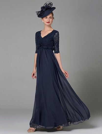 A-Line Mother of the Bride Dress Elegant & Luxurious V Neck Floor Length Chiffon Lace Half Sleeve with Lace Bow(s)