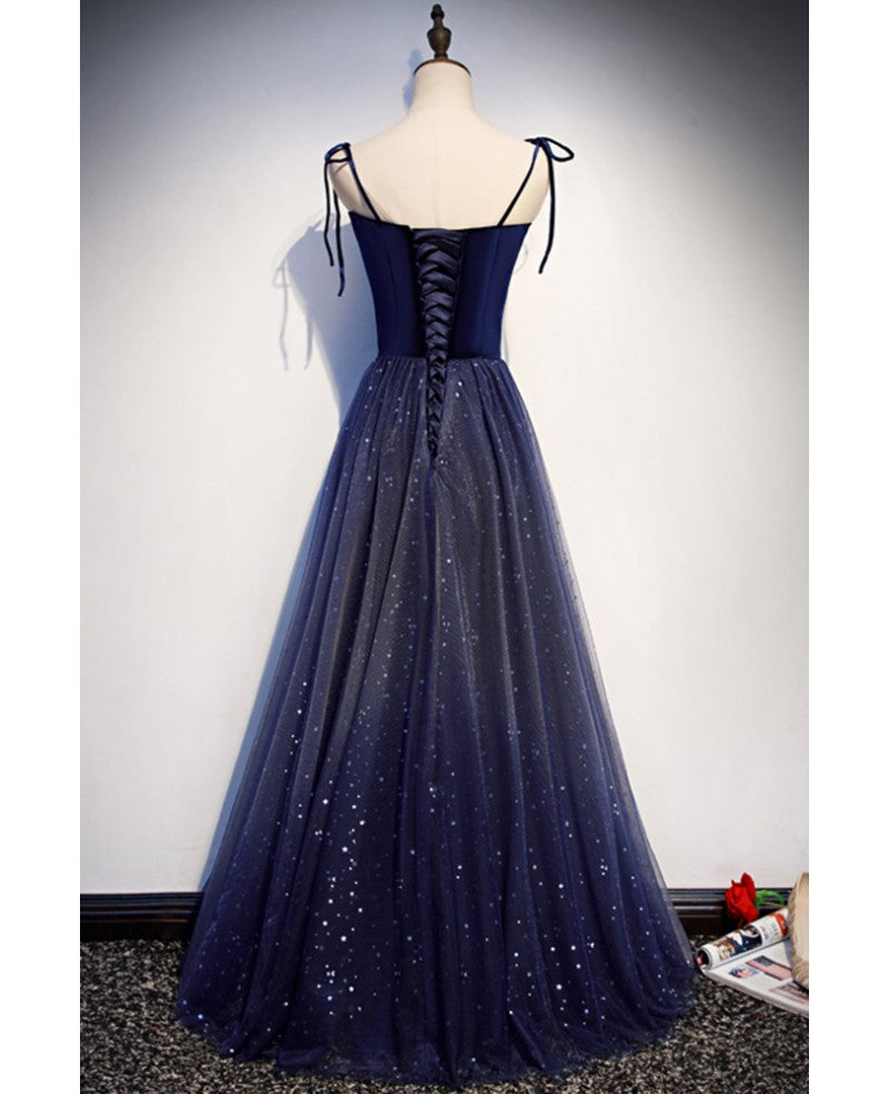 Shining navy blue suede fine shoulder strap sleeveless off shoulder evening dress with navy blue A-line princess sequin backless and ground length ruffled edge for evening dress