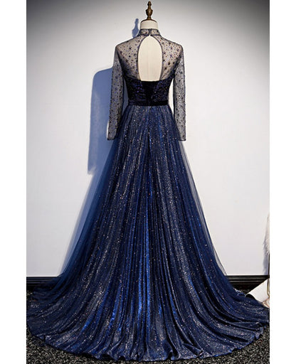 Noble Navy Blue Perspective High Neck Long sleeved Water Diamond Sequin Ball Dress Navy Blue A-line Princess Sparkling Backless Tulle Sweeping Tail Ruffle Edge Evening Dress