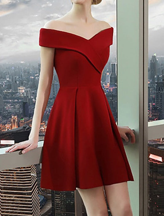 A-Line Cocktail Dresses Elegant Dress Homecoming Graduation Knee Length Short Sleeve Off Shoulder Spandex with Sleek