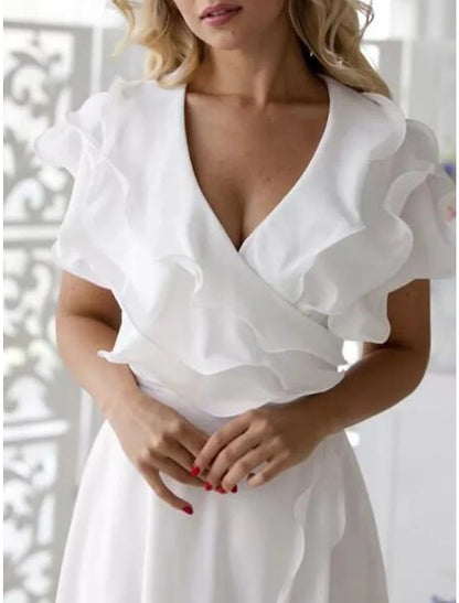 A-Line Simple Wedding Dress Little White Dress Elegant High Low V Neck Plus Size Asymmetrical Chiffon Short Sleeve with Ruffles Split Front