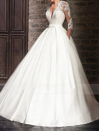 Engagement Formal Wedding Dresses Ball Gown V Neck 3/4 Length Sleeve Floor Length Satin Bridal Gowns With Appliques