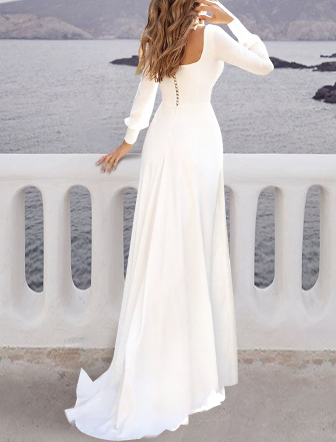 Beach Simple Wedding Dresses A-Line Square Neck Long Sleeve Sweep / Brush Train Chiffon Bridal Gowns With Solid Color 2024 Summer Wedding Party