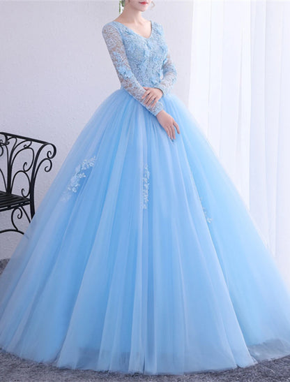 Ball Gown Quinceanera Dresses Princess Dress Performance Quinceanera Floor Length Long Sleeve V Neck Polyester with Crystals Appliques