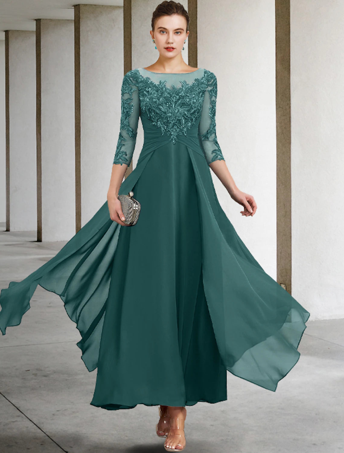 A-Line Mother of the Bride Dress Wedding Guest Elegant Plus Size Jewel Neck Ankle Length Chiffon Lace 3/4 Length Sleeve with Ruched Sequin Appliques