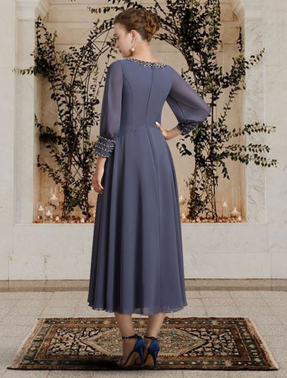 A-Line Mother of the Bride Dress Elegant Jewel Neck Tea Length Chiffon Long Sleeve with Beading