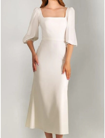 Little White Dresses Wedding Dresses A-Line Square Neck Half Sleeve Tea Length Satin Bridal Gowns With Solid Color