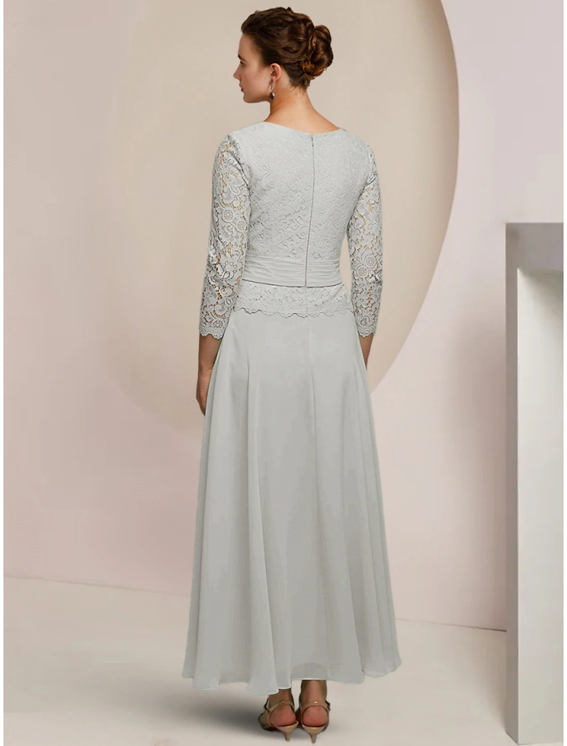 A-Line Mother of the Bride Dress Wedding Guest Elegant Jewel Neck Ankle Length Chiffon Long Sleeve with Lace Pleats Appliques