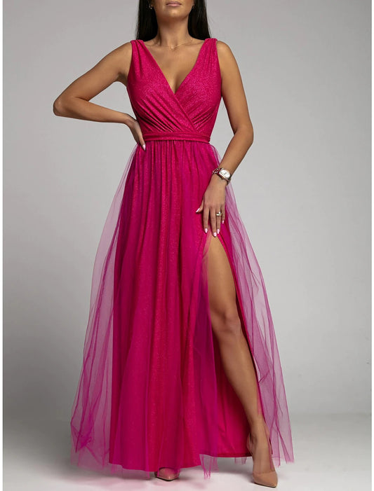 A-Line Party Dresses Sexy Dress Wedding Guest Prom Floor Length Sleeveless V Neck Polyester with Ruched Slit