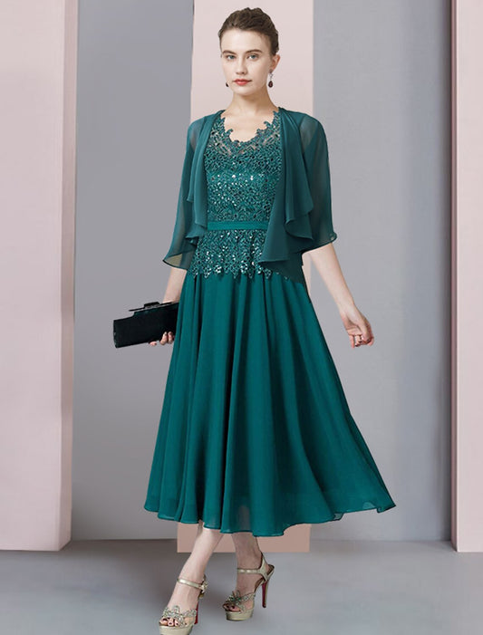 Two Piece A-Line Mother of the Bride Dress Formal Wedding Guest Elegant V Neck Tea Length Chiffon Lace Short Sleeve Wrap Included with Sequin Appliques