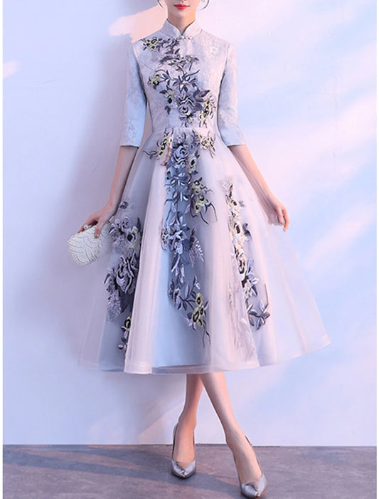 A-Line Mother of the Bride Dress Elegant Vintage High Neck Tea Length Lace Tulle Half Sleeve with Appliques