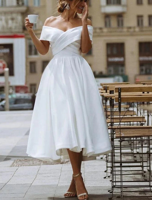 Simple Wedding Dresses Satin Little White Dresses A-Line Off Shoulder Formal Short Sleeve Tea Length Bridal Gowns With Solid Color