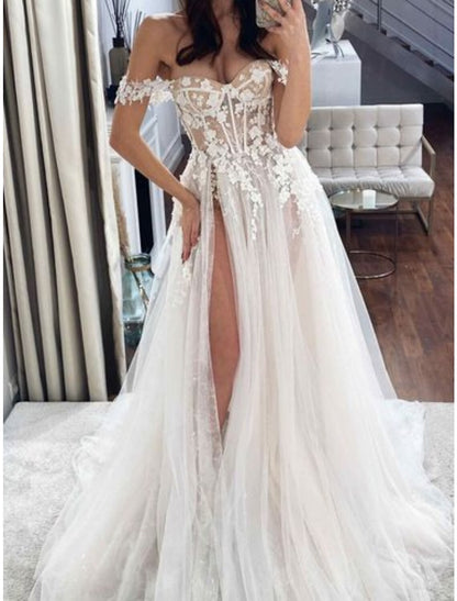 Beach Formal Wedding Dresses A-Line Off Shoulder Sleeveless Sweep / Brush Train Lace Bridal Gowns With Pleats Split Front