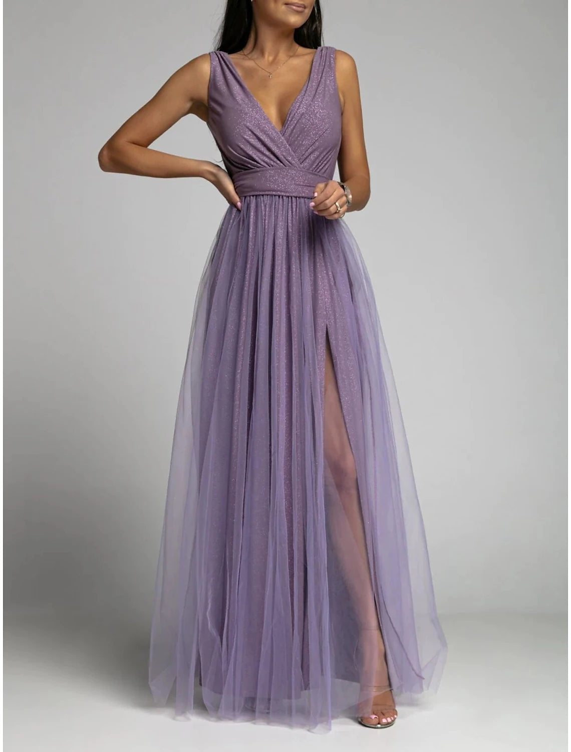 A-Line Party Dresses Sexy Dress Wedding Guest Prom Floor Length Sleeveless V Neck Polyester with Ruched Slit