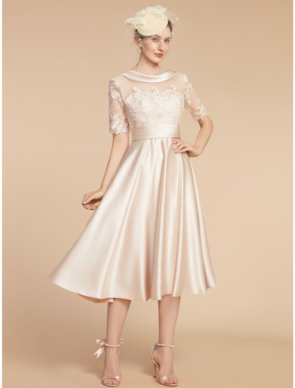 A-Line Mother of the Bride Dress Wedding Guest Elegant Petite Scoop Neck Knee Length Satin Lace Half Sleeve with Appliques Ruching Solid Color