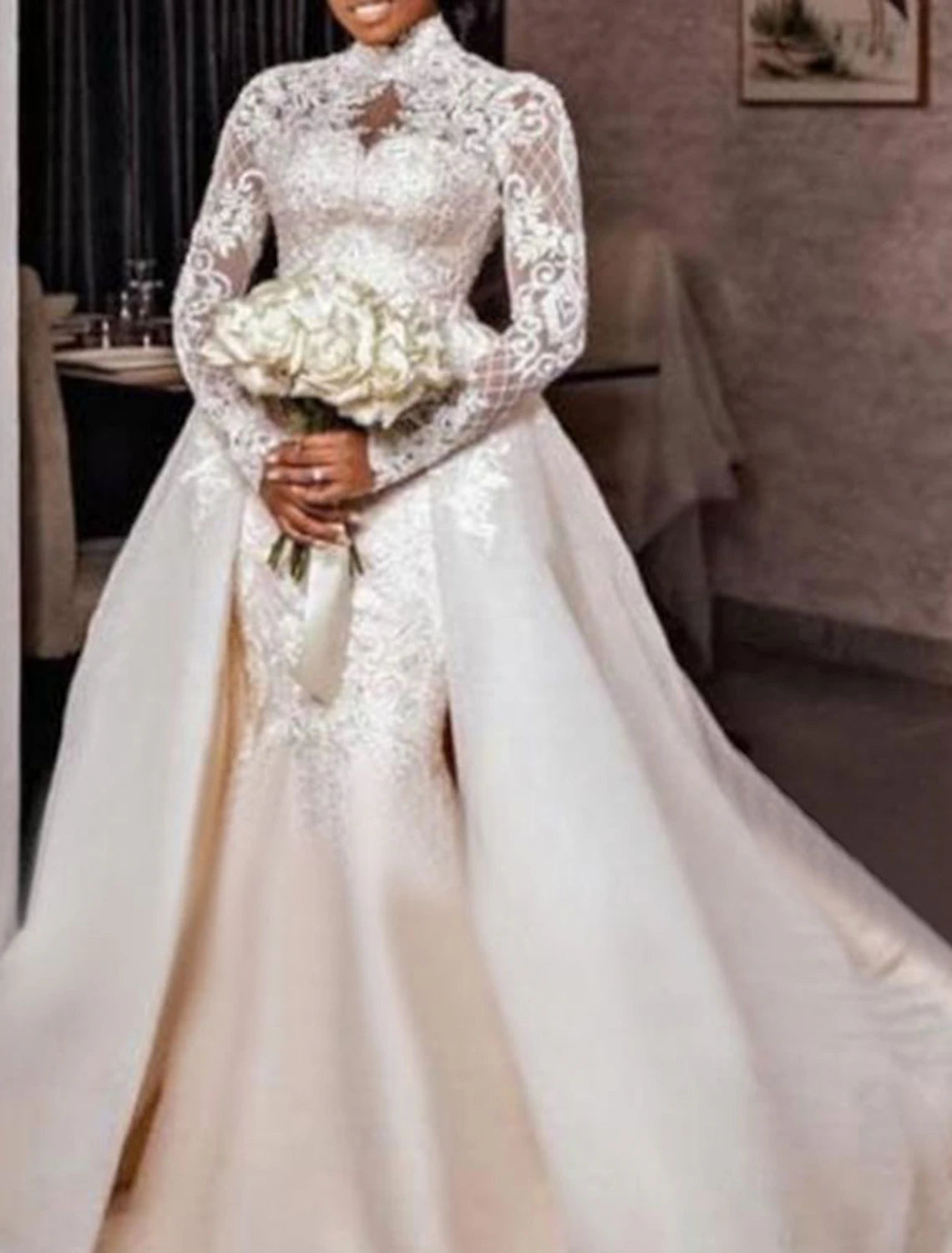 Formal Wedding Dresses Mermaid / Trumpet High Neck Long Sleeve Court Train Satin Bridal Gowns With Appliques