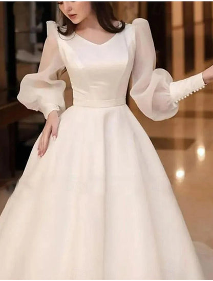 Hall Formal Wedding Dresses A-Line V Neck Long Sleeve Chapel Train Satin Bridal Gowns With Solid Color