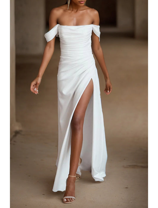 Engagement Little White Dresses Simple Wedding Dresses Sheath / Column Off Shoulder Sleeveless Sweep / Brush Train Satin Bridal Gowns With Ruched Split Front