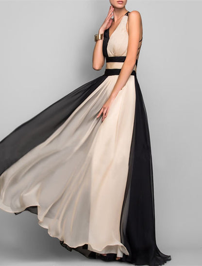 A-Line Evening Gown Color Block Dress Wedding Reception Floor Length Sleeveless V Neck Chiffon with Ruched