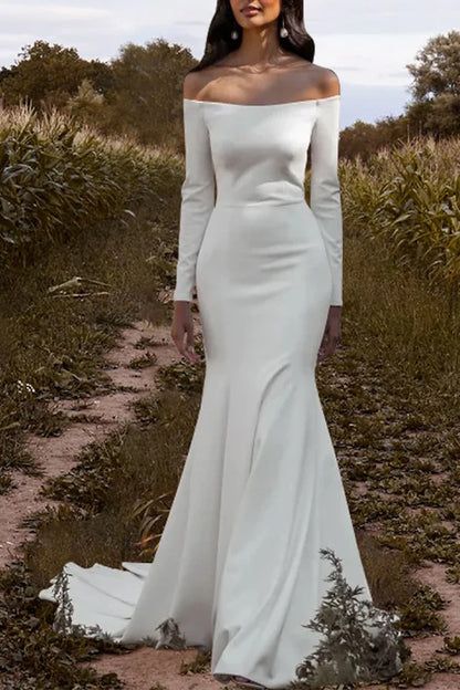 Leisure wedding dress in the lobby, off the shoulder long sleeved minimalist summer bride dress