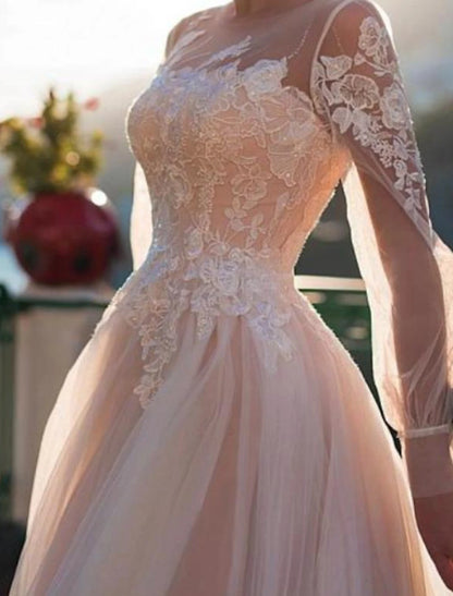 Beach Wedding Dresses in Color Wedding Dresses A-Line Illusion Neck Long Sleeve Sweep / Brush Train Lace Bridal Gowns With Embroidery Appliques